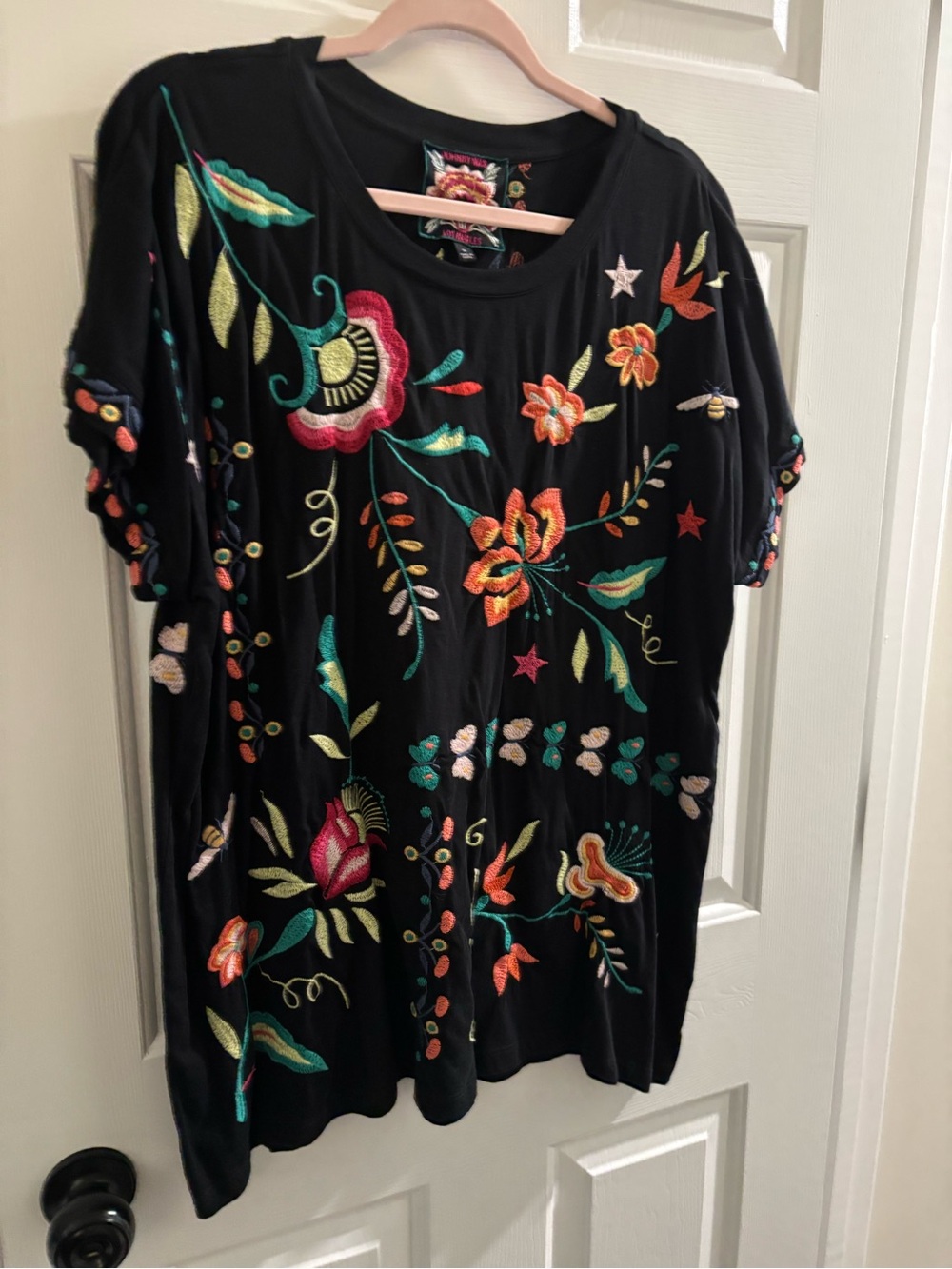 Johnny Was Black Short-Sleeve Embroidered Floral Tee with Multicolor Stitching